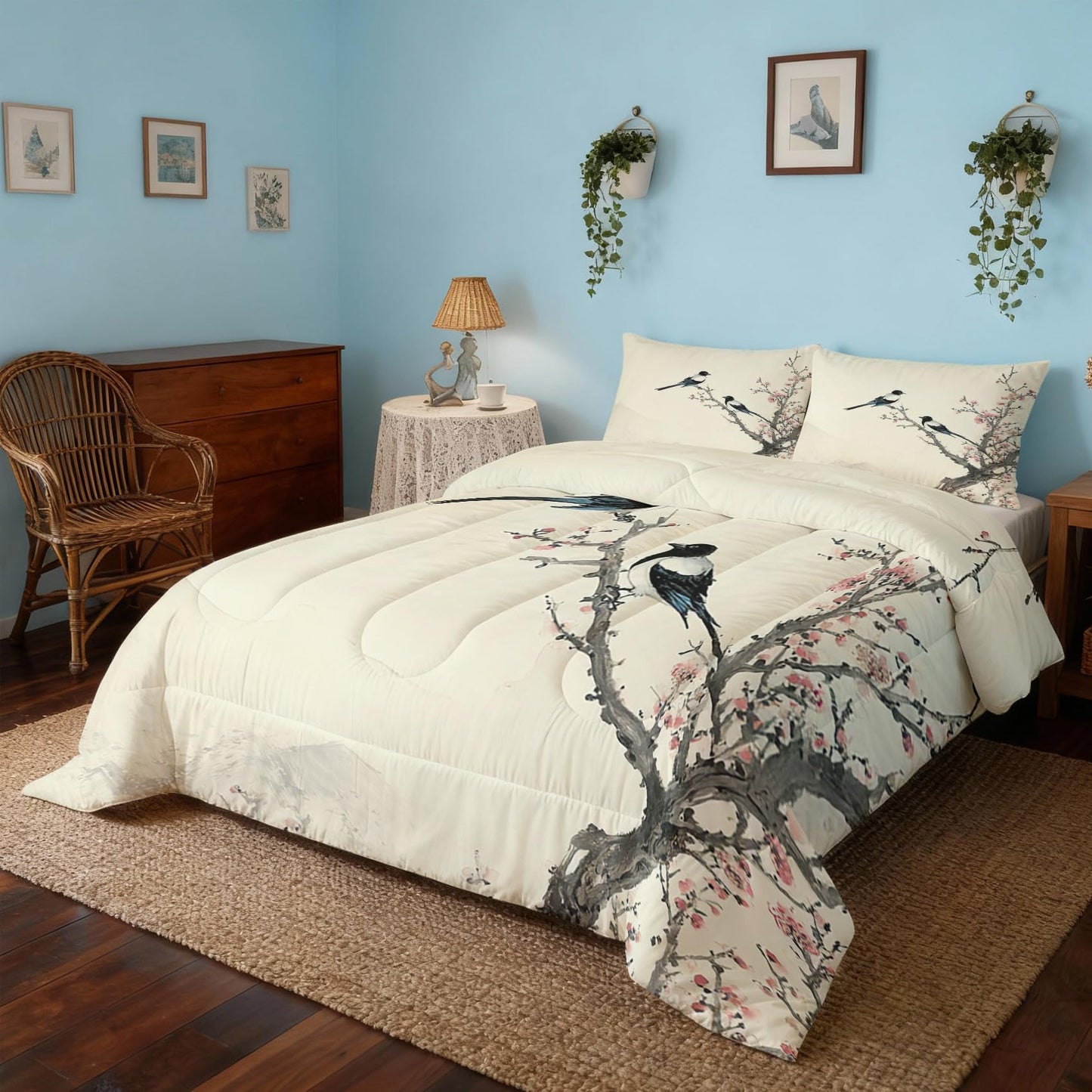 TANCAPRIUM Japanese Comforter Set Queen - Flower Bird Bedding Set & 2 Pilow Cases for All Season - Soft Reversible Down Alternative 3 Piece. Japanese Bedrom Decor