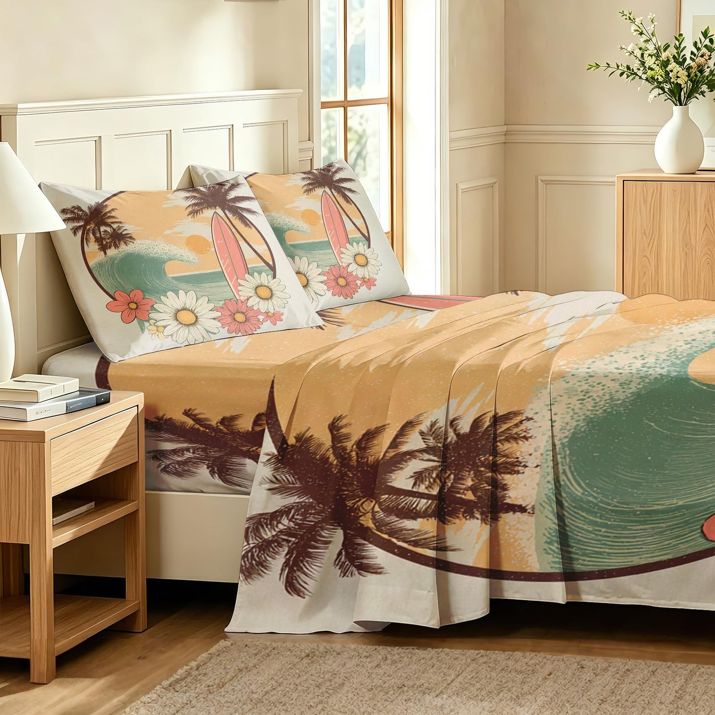 Tropical Beach Sheet Set, 4 Pcs Full Size Surfing Themed Bed Sheets