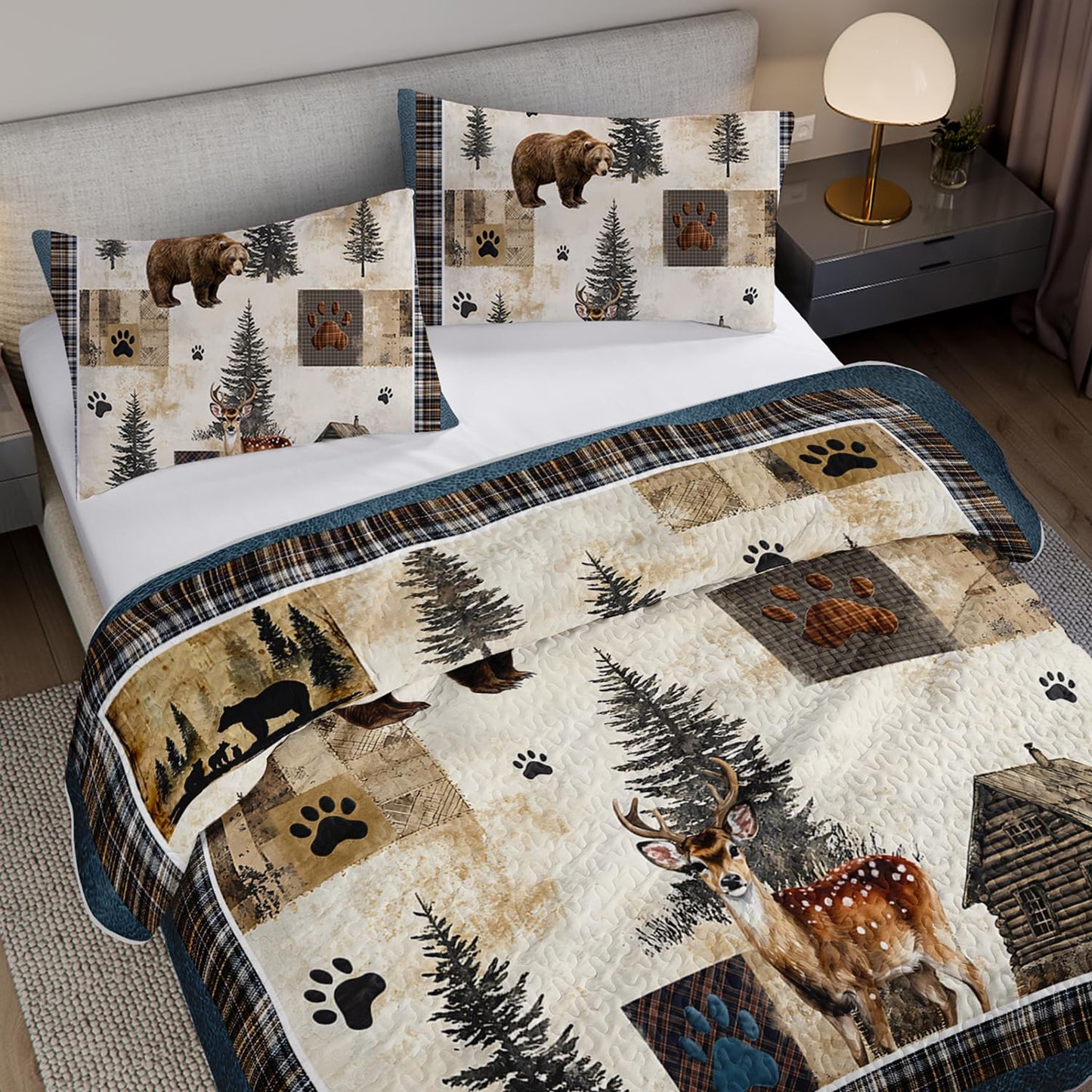 Tuzaovy Bear Deer Quilt Set Queen Size,Rustic Animal Bear Paw Printed Bed Cover Set for Boys Girls Room Decor,Rustic Farmhouse Quilt Bedding,Country Woodland Pine Tree Bedspread Bedroom Decor