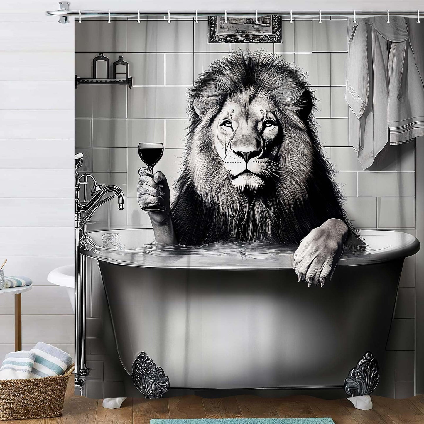 Grtuspr Funny Lion Shower Curtain, Black White Wildlife Animal Boys Men Gray Shower Curtains, Fun Lion Modern Bath Decoration Waterproof Polyester Fabric Shower Curtain Sets with 12 Hooks
