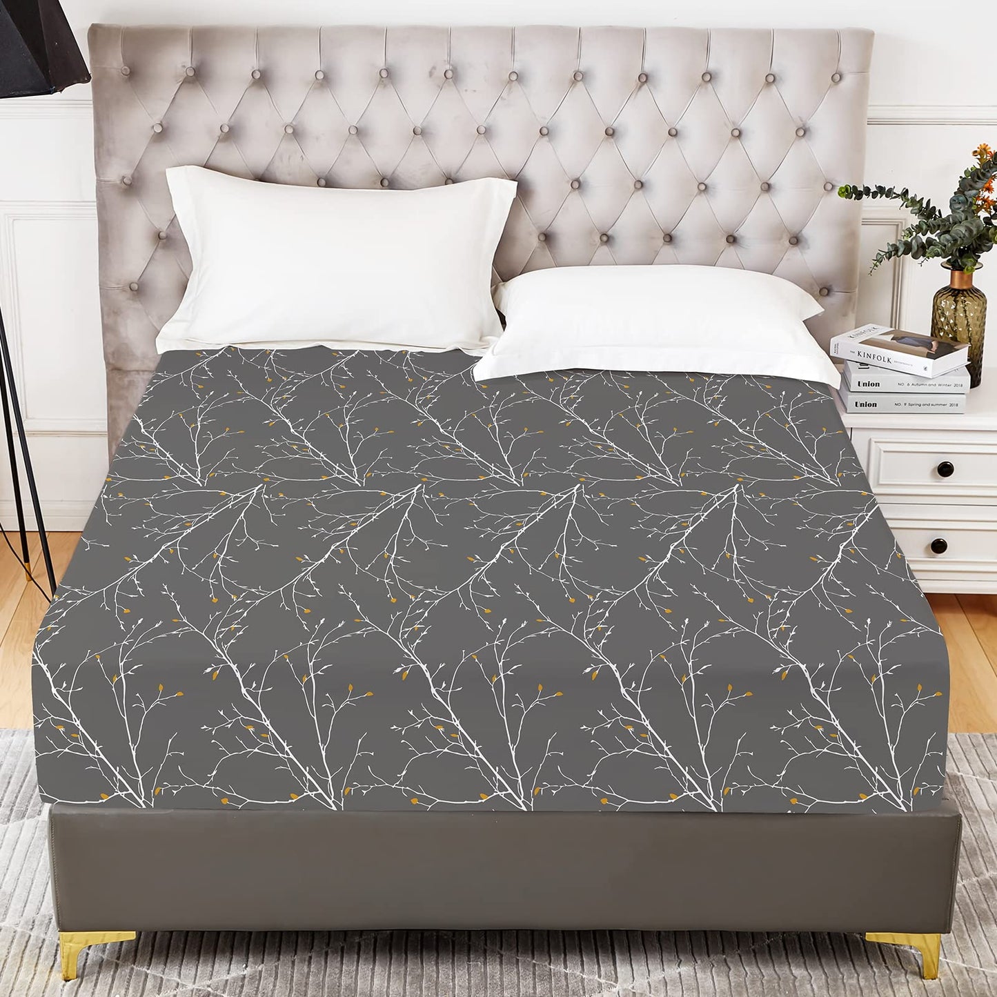 YIYEA Floral Fitted Sheet Only, Premium Double Brushed Microfiber Deep Pocket Fitted Sheet Queen Size, Ultra Soft Fitted Bottom Sheet, Shrinkage, Fade Resistant, Queen