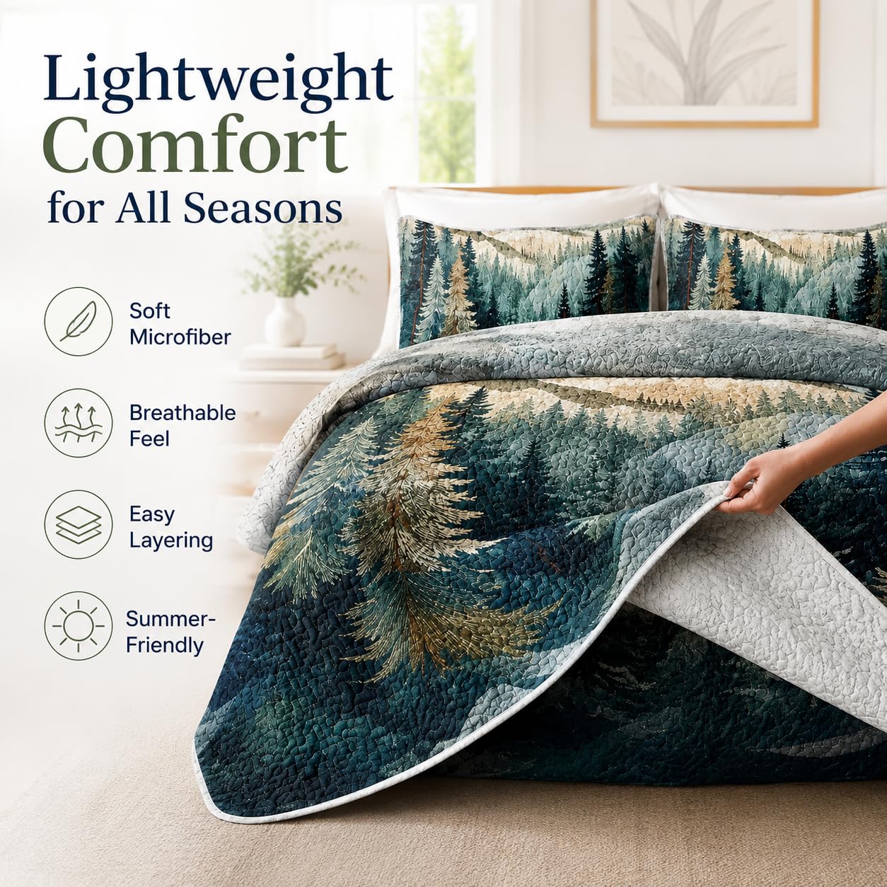 AILONEN King Bedspread Coverlet,Mountain Forest Pine Tree Textured Landscape Blue Green Bedding Quilt,2 Pillowcases,Lightweight Microfiber