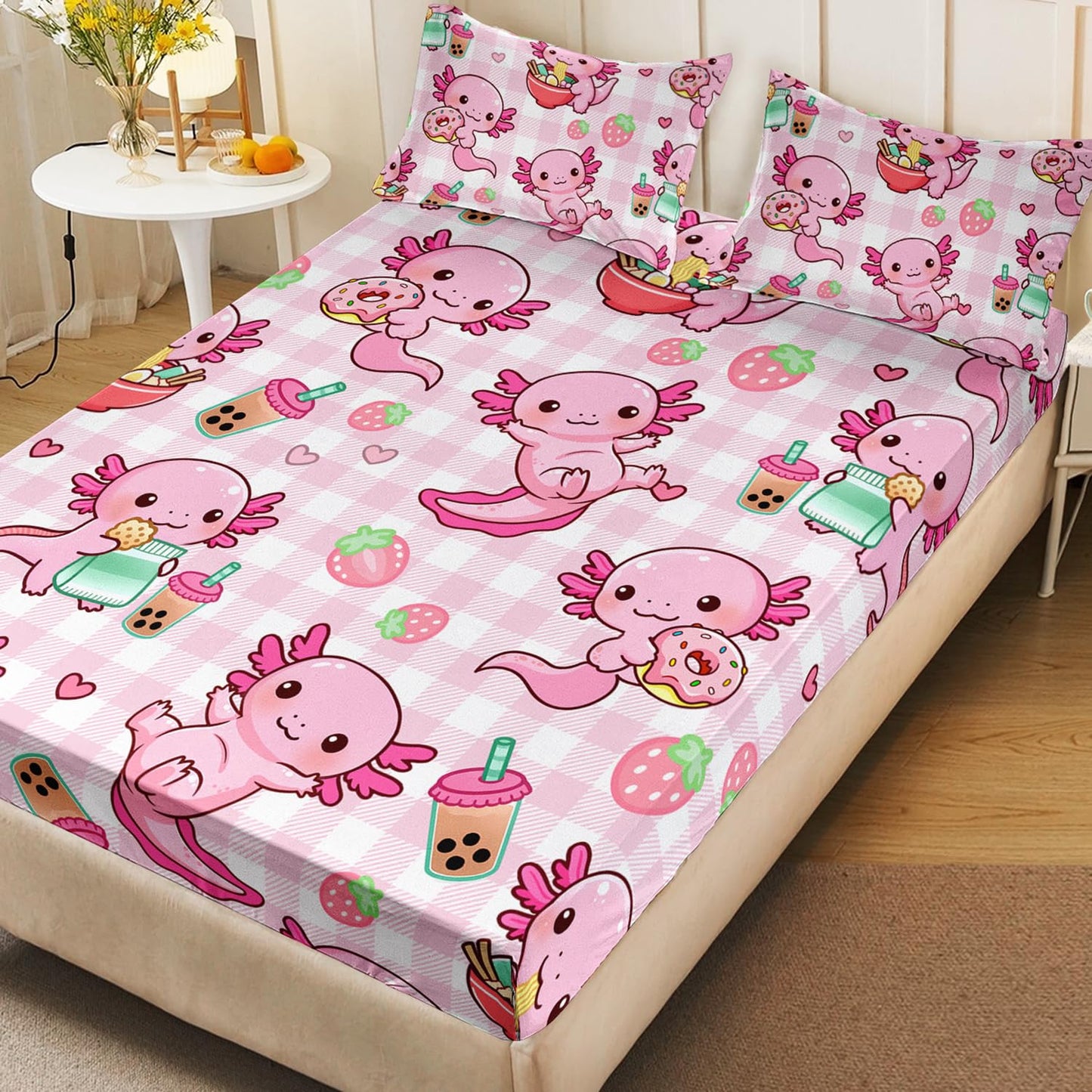 HOSIMA Axolotl Fitted Sheet Set Full Size for Kids Girls,Pink Cartoon Axolotl Eat Dessert Printing Bedding Set Full Size for Princess Bedroom Decor,1 Fitted Sheet+2 Pillowcases.