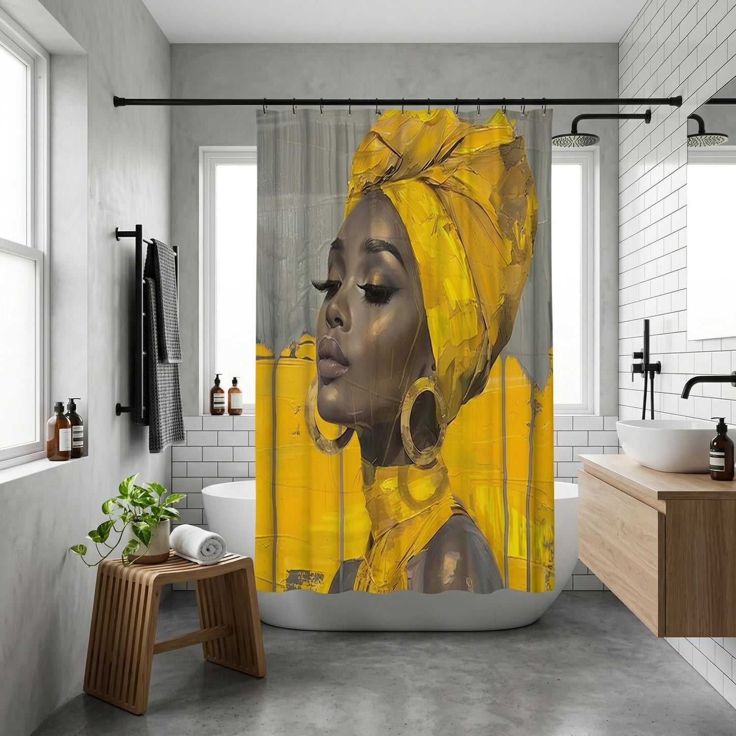 HUAZIYU Golden African Women Art Shower Curtain Set, Grey Yellow Fabric