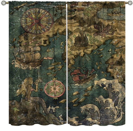 AAVEUP Vintage World Map Blackout Curtains for Boys,Old Brown Ocean Nautical Sailboat Ancient Mermaid Pirate Compass Treasure Map Window Drapes Print for Kids Teenage Bedroom Living Room 42x63in