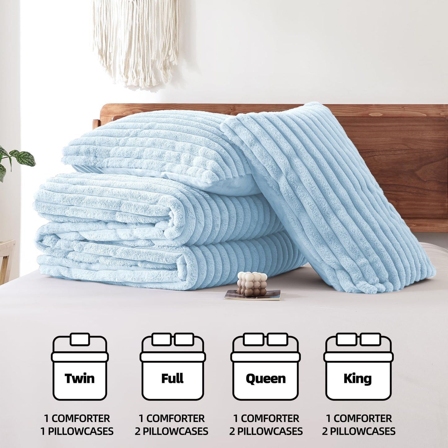 Smoofy Fluffy King Size Comforter Set 3 Pieces - Light Blue Fleece Fluffy Comforter Set, Luxury Fuzzy King Bedding Set, Soft King Bed Set All Season, Heavy Faux Fur Comforter with 2 Pillow Cases