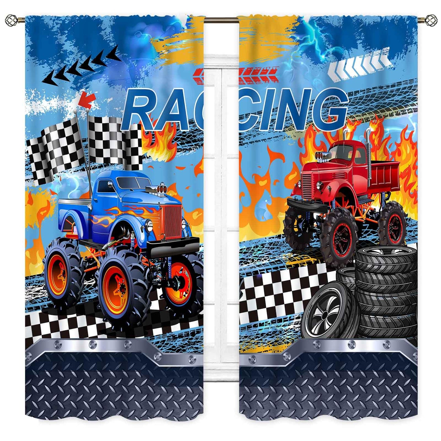 Truck Curtains for Boys Room, Cool Banner Burning Flame Car Cartoon Monster Racing Theme Window Drapery Treatments for Boys Kids Bedroom Living Room Playroom Nursery 2 Panels, 42"x45" Inch