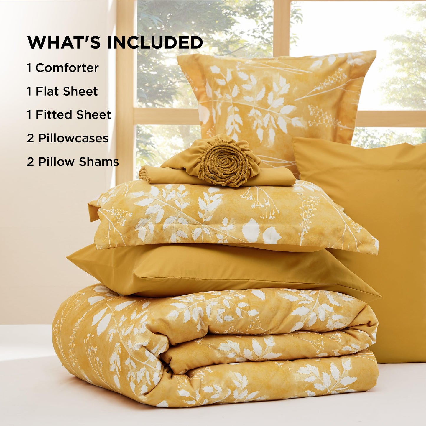 Bedsure Queen Comforter Set - 7 Pieces Floral Yellow Soft Bedding Sets, Queen Bed in a Bag with Botanical Flowers Comforter, Sheets, Pillowcases & Shams