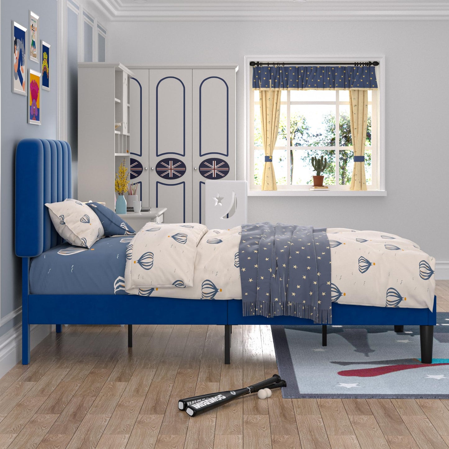 VECELO Twin Size Bed Frame with Upholstered Headboard, Velvet Platform Bedframe Mattress Foundation, Strong Wood Slat Support, No Box Spring Needed,Blue