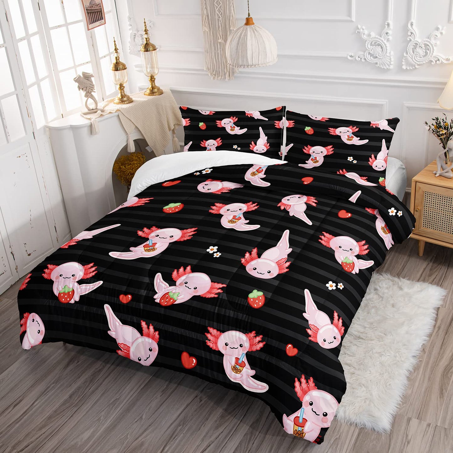 HOSIMA Kids Black Full Size Comforter Sets 3 Pieces,Cartoon Axolotl Bedding Sea Wildlife Cute Animals Theme Room Decor,Kawaii Bedding Set Strawberry Comforter with 2 Pillowcases.