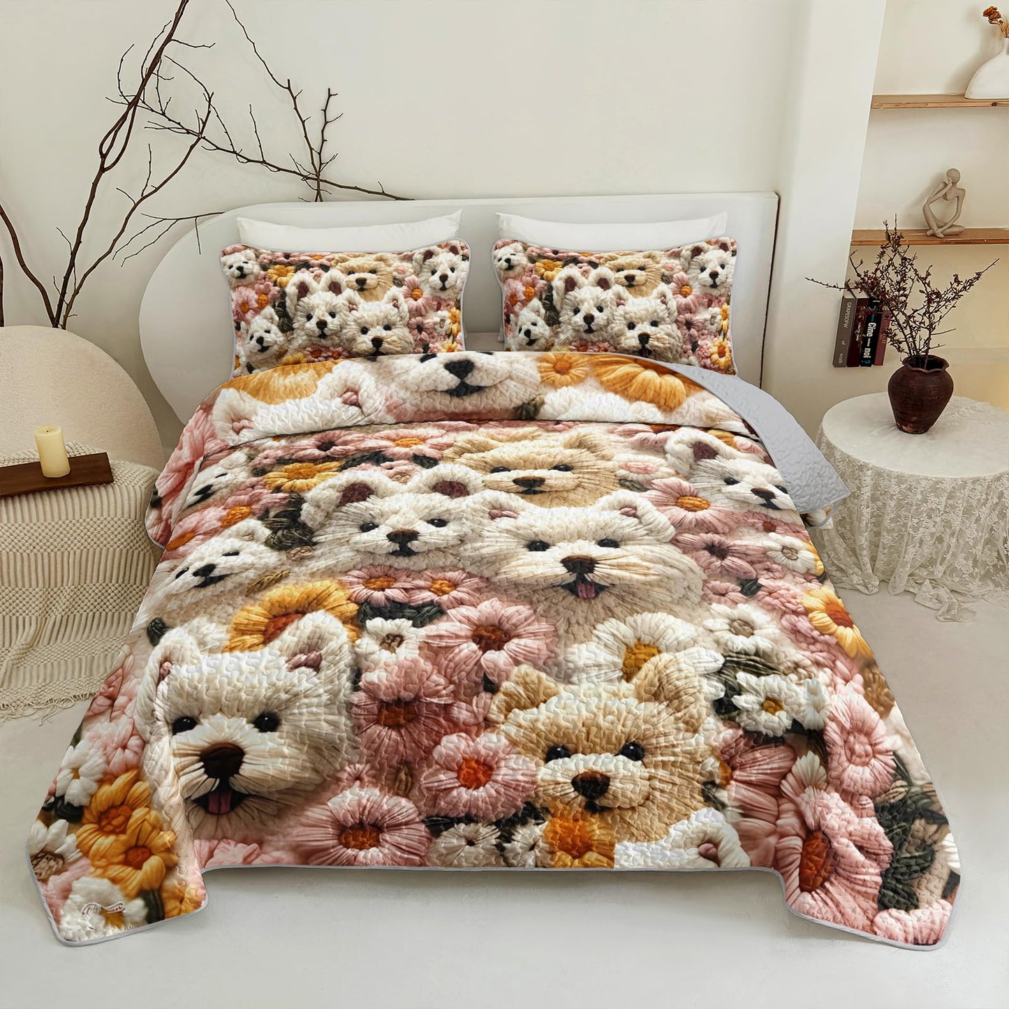QOOMO Cartoon Dog Kids Quilt Set,3 Pieces Cute Flowers Bedspreads Coverlet Set Twin Size,Soft Microfiber Lightweight Bedding Set with 1 Quilt 2 Pillowcases for All Season