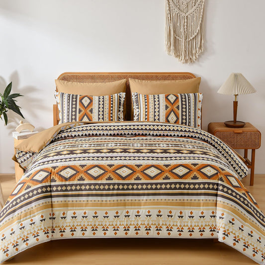 Dinjoy Comforter Set Queen Size Boho,Yellow Brown 7 Pieces Bed in a Bag Queen Bedding Sets Aztec Comforters with Sheets Western Striped Complete Set for Family 90"x90"