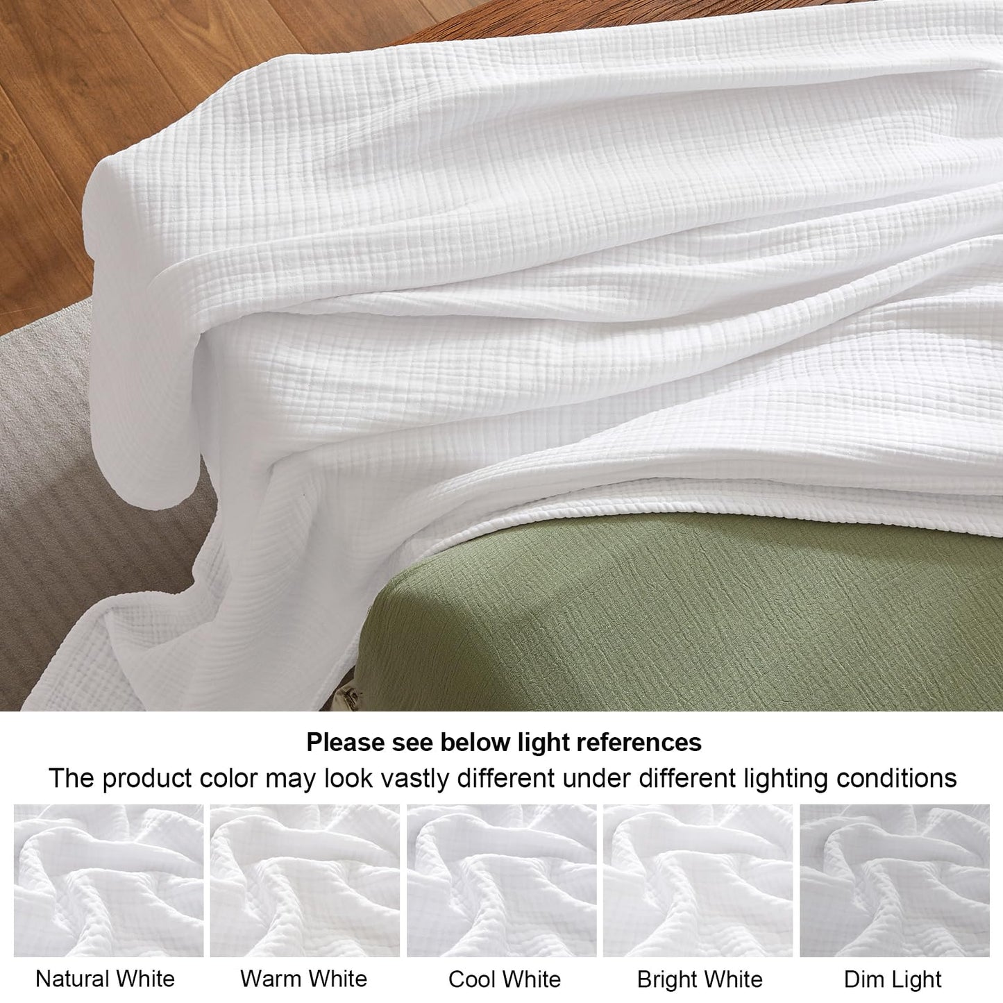 PHF 100% Cotton Muslin Throw Blanket 50" x 60", 4-Layer Lightweight Gauze Throw, Breathable Cloud-Soft Minimalist Blanket for Bed, Couch, Camping & Baby, White, Ideal Gift
