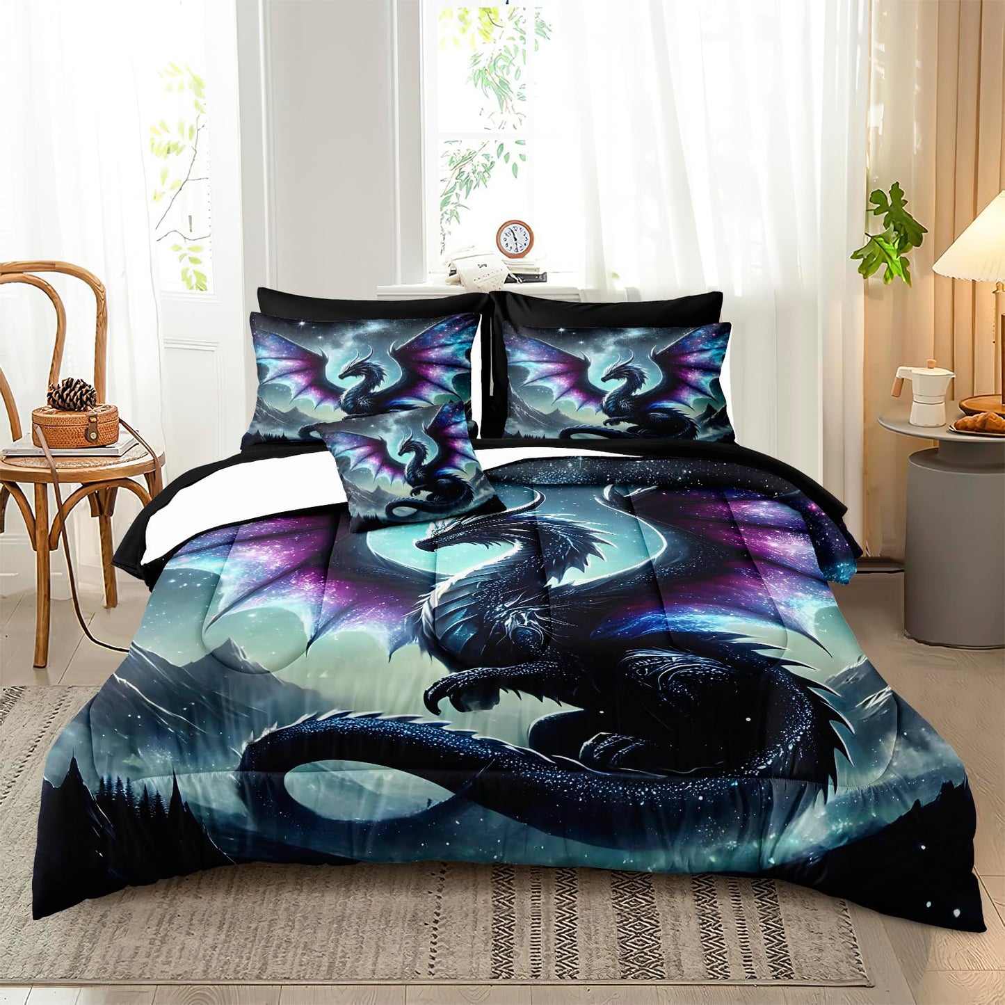 Bedbay Dragon Comforter Set Galaxy Fantasy Bedding Quilt Set Soft King Comforter Bed Set with Sheets Boys Teen Mythical Beast Dragon Digital Print 8 Pieces Bed in a Bag Set with Cushion Cover