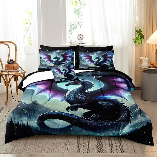 Bedbay Dragon Comforter Set Galaxy Fantasy Bedding Quilt Set Soft King Comforter Bed Set with Sheets Boys Teen Mythical Beast Dragon Digital Print 8 Pieces Bed in a Bag Set with Cushion Cover