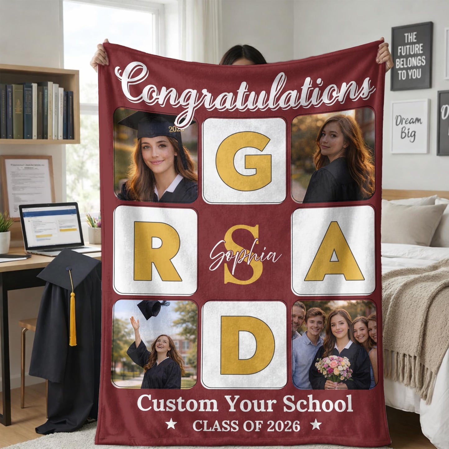 Ipplee Personalized Graduation Blanket with 4 Photos Custom Class of 2026 Flannel Throw Blanket with Name-Grad Photo Collage Blanket, Senior Graduation Gifts for Student Her Him High School College