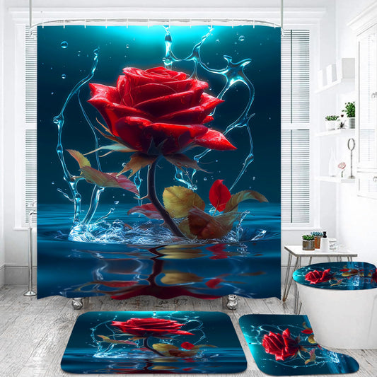 Jirown Red Rose Shower Curtain Sets 4 Pcs,Non-SlipRugs Bath Mat Toilet Cover U Shaped Mat Black Red Shower Curtain with 12 Hooks,Durable Bathroom Decor Set