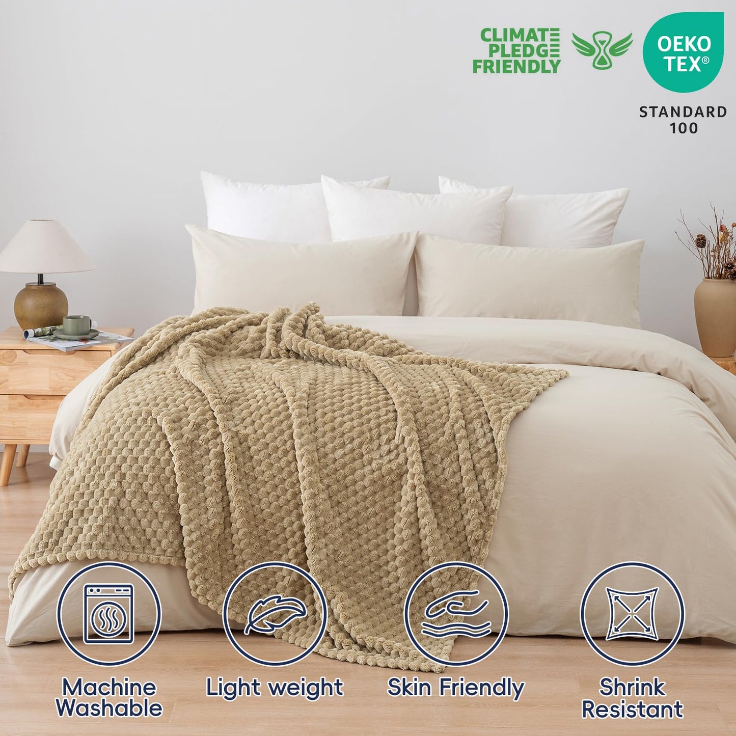 PHF Ultra Soft Flannel Fleece Throw Blanket, Lightweight 3D Jacquard Fleece Blanket, No Shedding, No Pilling, Luxury 340GSM Fluffy Cozy Throws for Couch Room Decor, 50"x60", Khaki