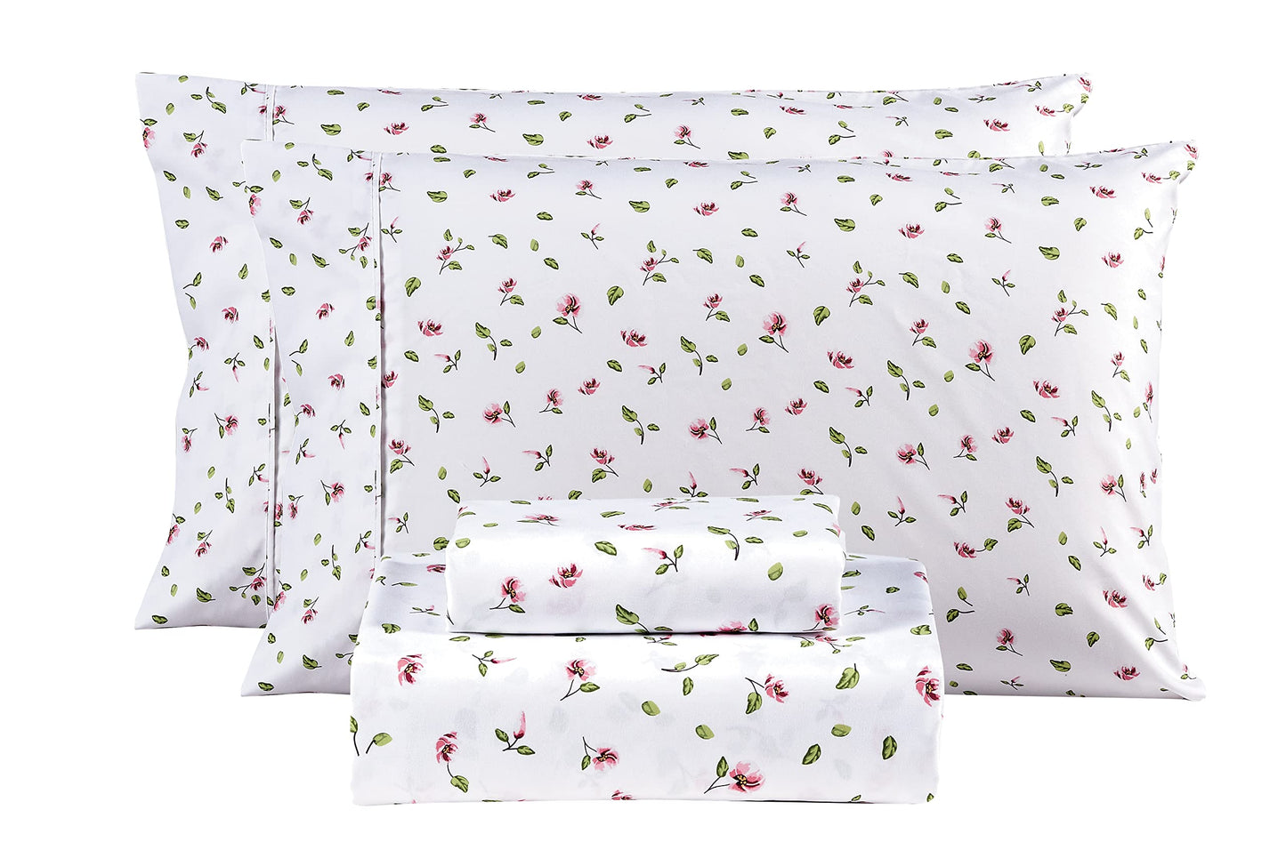 Mooreeke Queen Sheets Set - 4 Pieces Soft Breathable Microfiber Bed Sheet Set - Pink Flower Green Leaf Pattern Sheet Set - Deep Pocket Non-Slip Floral Printed Fitted Sheet Included for All Season