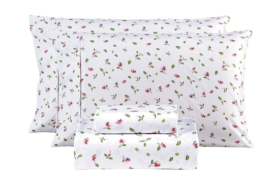 Mooreeke Queen Sheets Set - 4 Pieces Soft Breathable Microfiber Bed Sheet Set - Pink Flower Green Leaf Pattern Sheet Set - Deep Pocket Non-Slip Floral Printed Fitted Sheet Included for All Season
