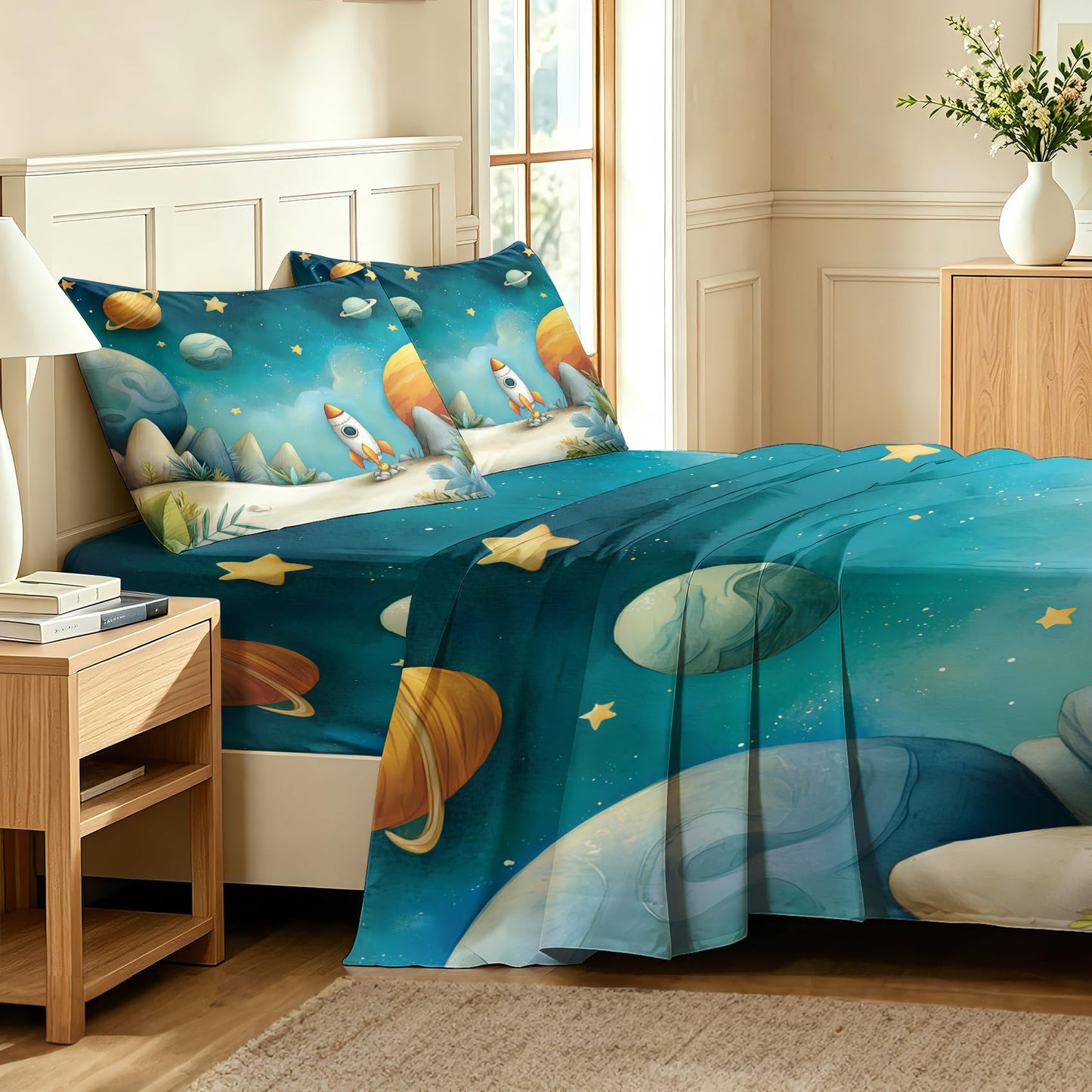 Kids Rocket Queen Sheet Set 4 Pcs Solar System Bed Sheets