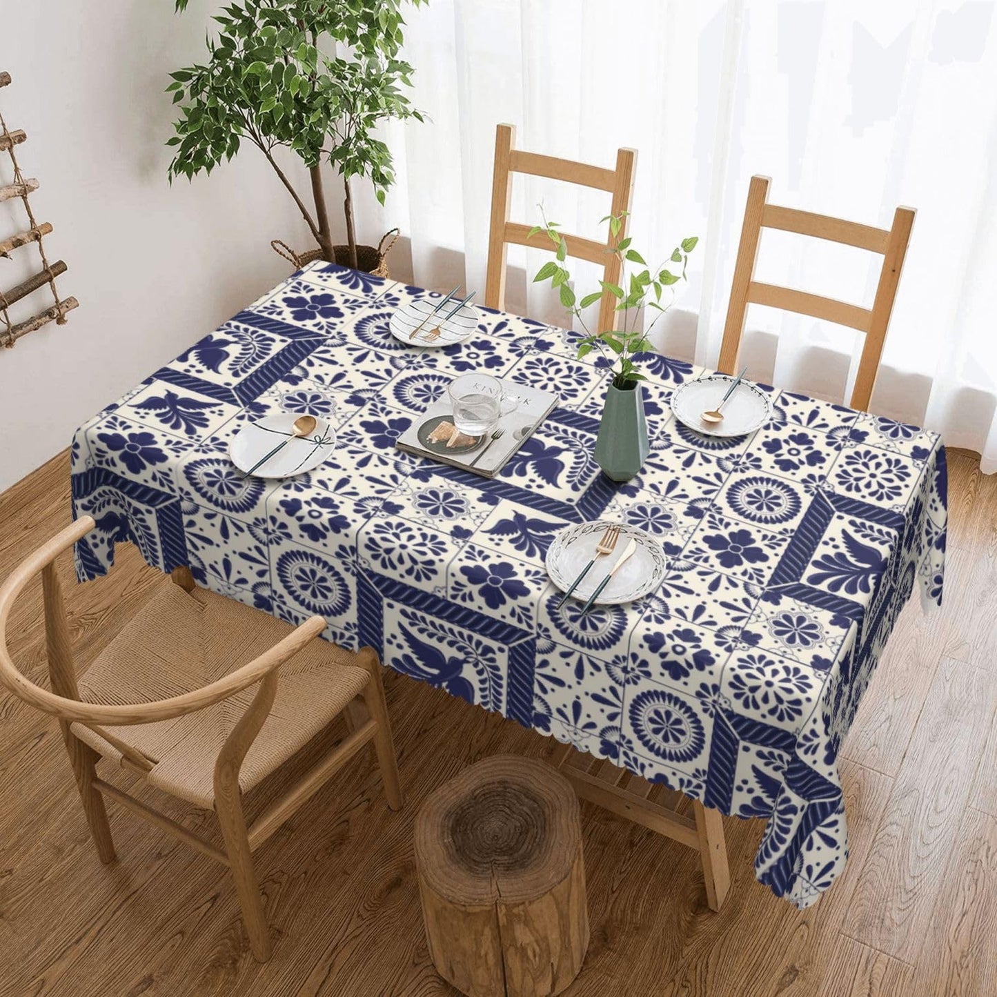 VIMPEYDON Floral Bird Mexican Table Cloth for Dining Tables, Reusable Blue Patchwork Tiles Tablecloths Holiday Talavera Tile Tabletop Decoration Rectangle Table Cover for Home,Kitchen,Party,54x72Inch