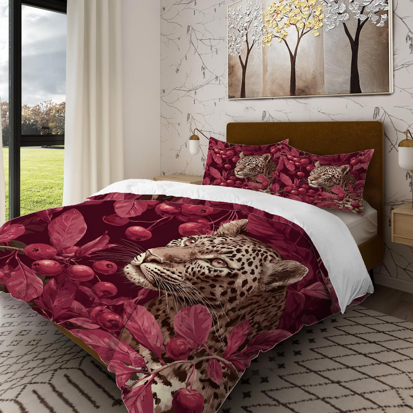 Batmerry Cute Leopard King Size 100% Cotton Duvet Cover Sets, in Red Berries Bedding Set with Zipper Closure Corner Ties, 3 Pieces (1 Cover + 2 Pillowcases No Comforter)