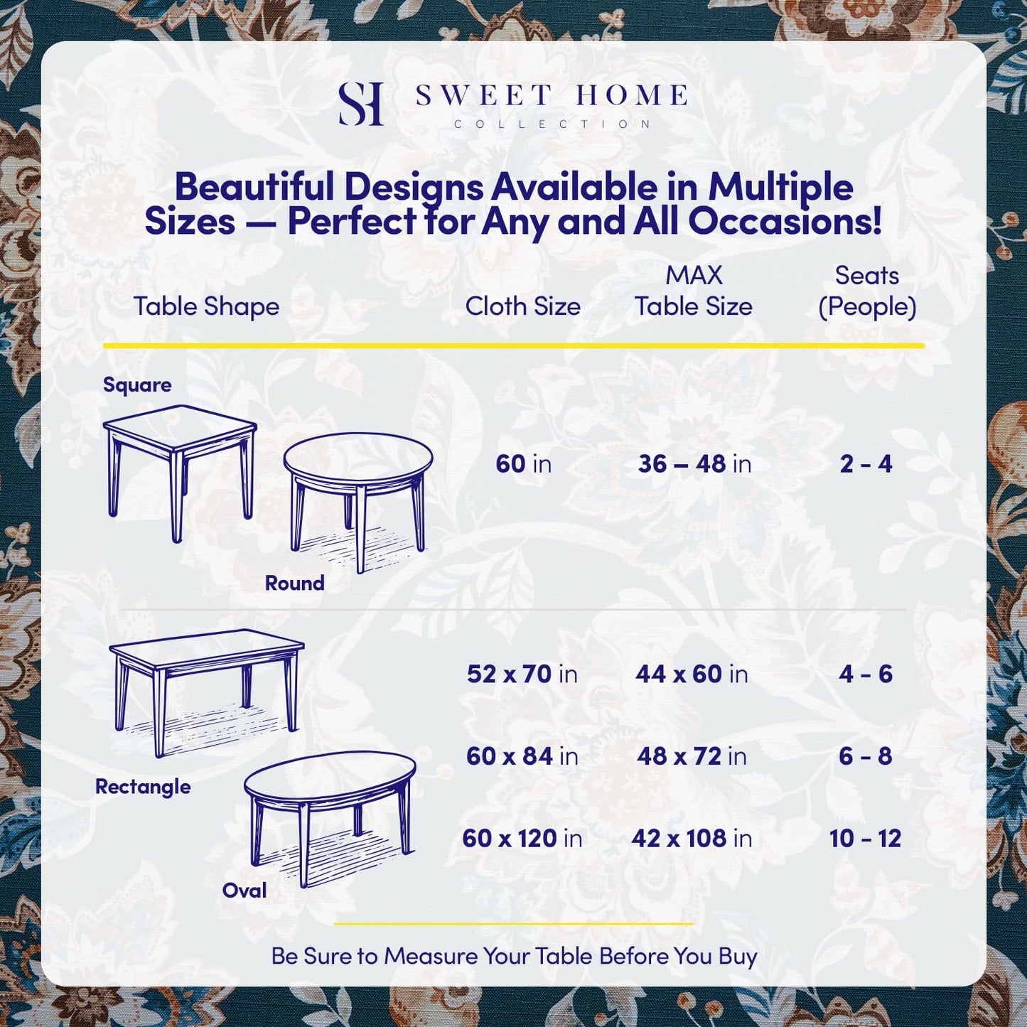 Rectangle Tablecloth 60" x 84" 100% Waterproof Fabric — Wipe-Clean, Tear-Proof Decorative Table Cover for Indoor & Outdoor Dining Elegant Patterns for Kitchens, Dining Rooms, Jacobean
