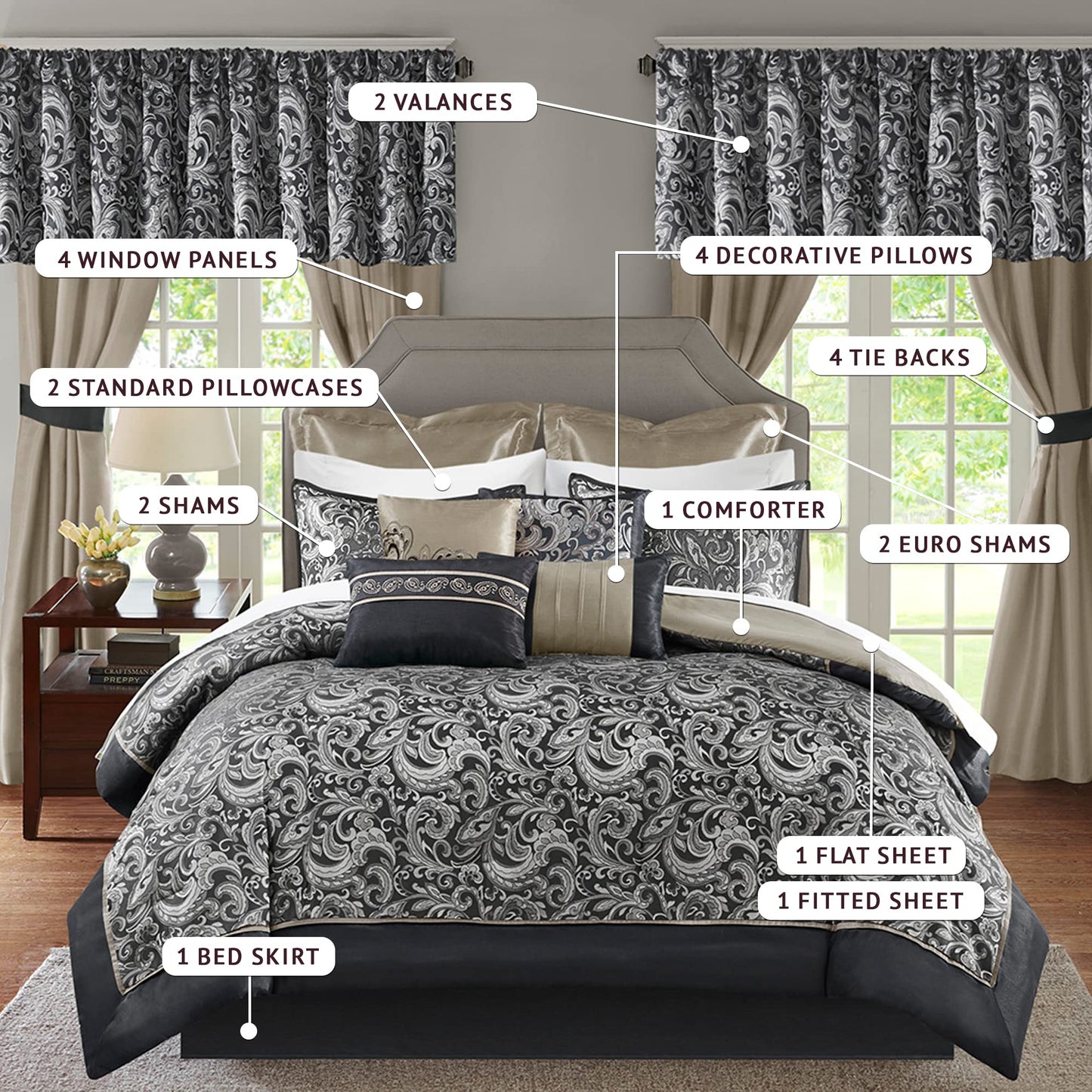 Madison Park Essentials Brystol 24 Piece Room in a Bag Faux Silk Comforter Jacquard Paisley Design Matching Curtains Down Alternative All Season Bedding-Set, Queen(90 in x 90 in), Black 24 Piece