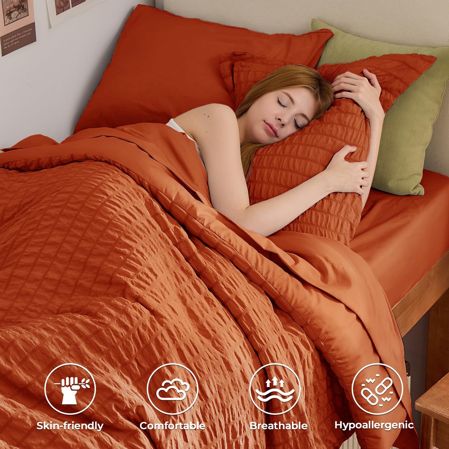 HYMOKEGE Burnt Orange Twin Comforter Set Seersucker 5 Pieces, All Season Luxury Bed in a Bag for Bedroom, Bedding Set with Comforters, Sheets, Pillowcase & Sham