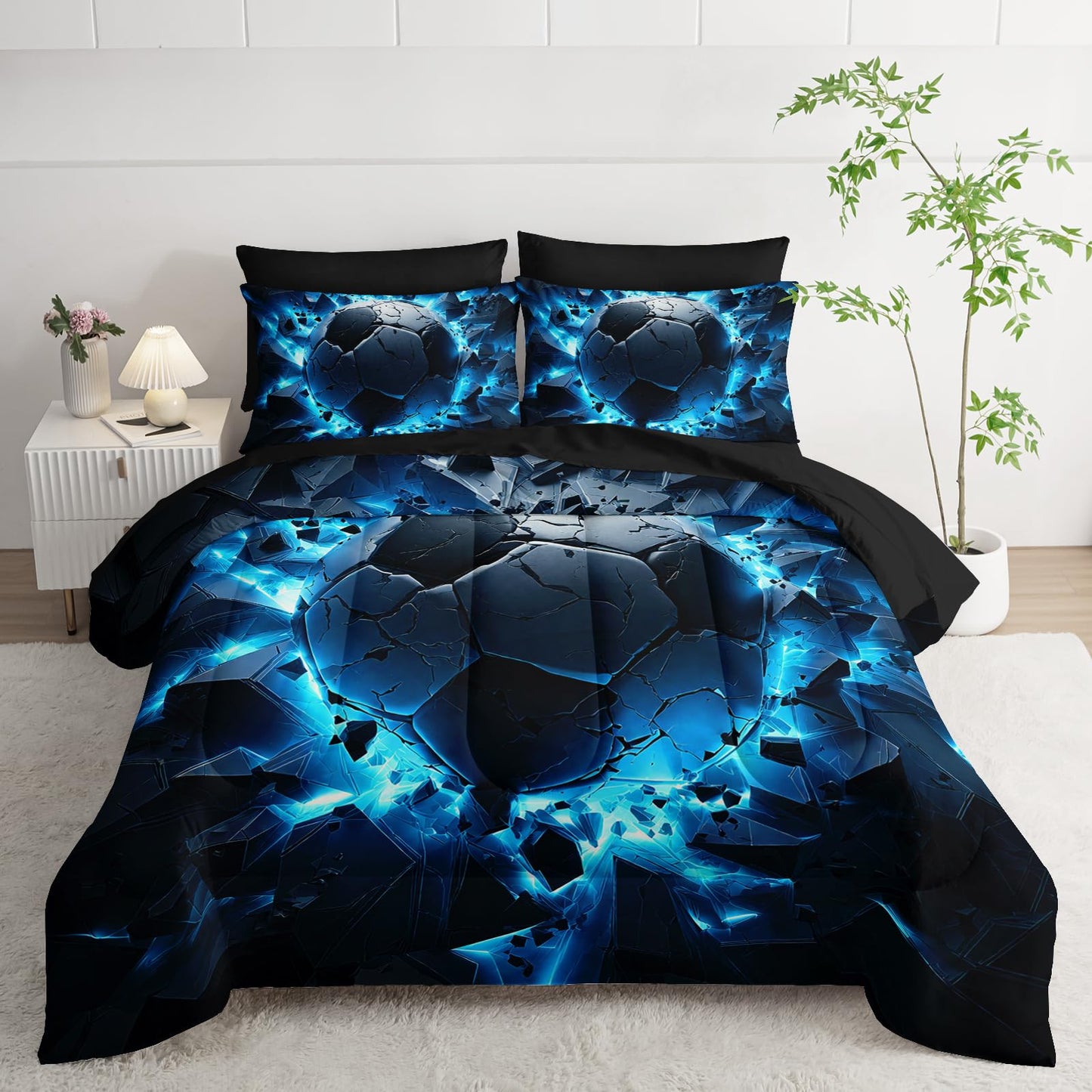Nttopship Soccer Bedding Set Twin Size 7PCS for Adults, Blue Football Printed Bedding Sets 7 PCS,Ball Sports Themed Bedroom Decor Lightweight All Seasons with Pillowcases,Flat, Fitted Sheet