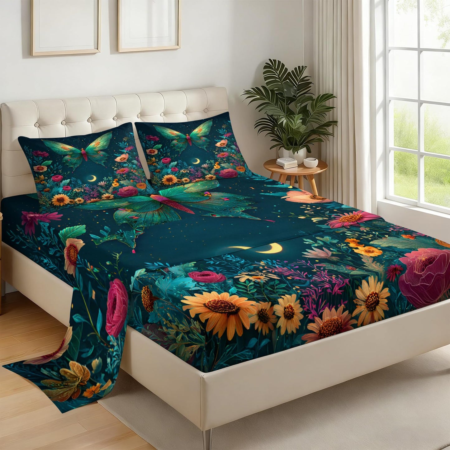Butterfly Floral Sheets King for Kids Teen Women Girls, Natural Flower Botancial Moon Bed Sheets Set 4 Pcs Psychedelic Galaxy Moon Patterned Bedding (1 Fitted Sheet, 1 Flat Sheet) & 2 Pillowcases