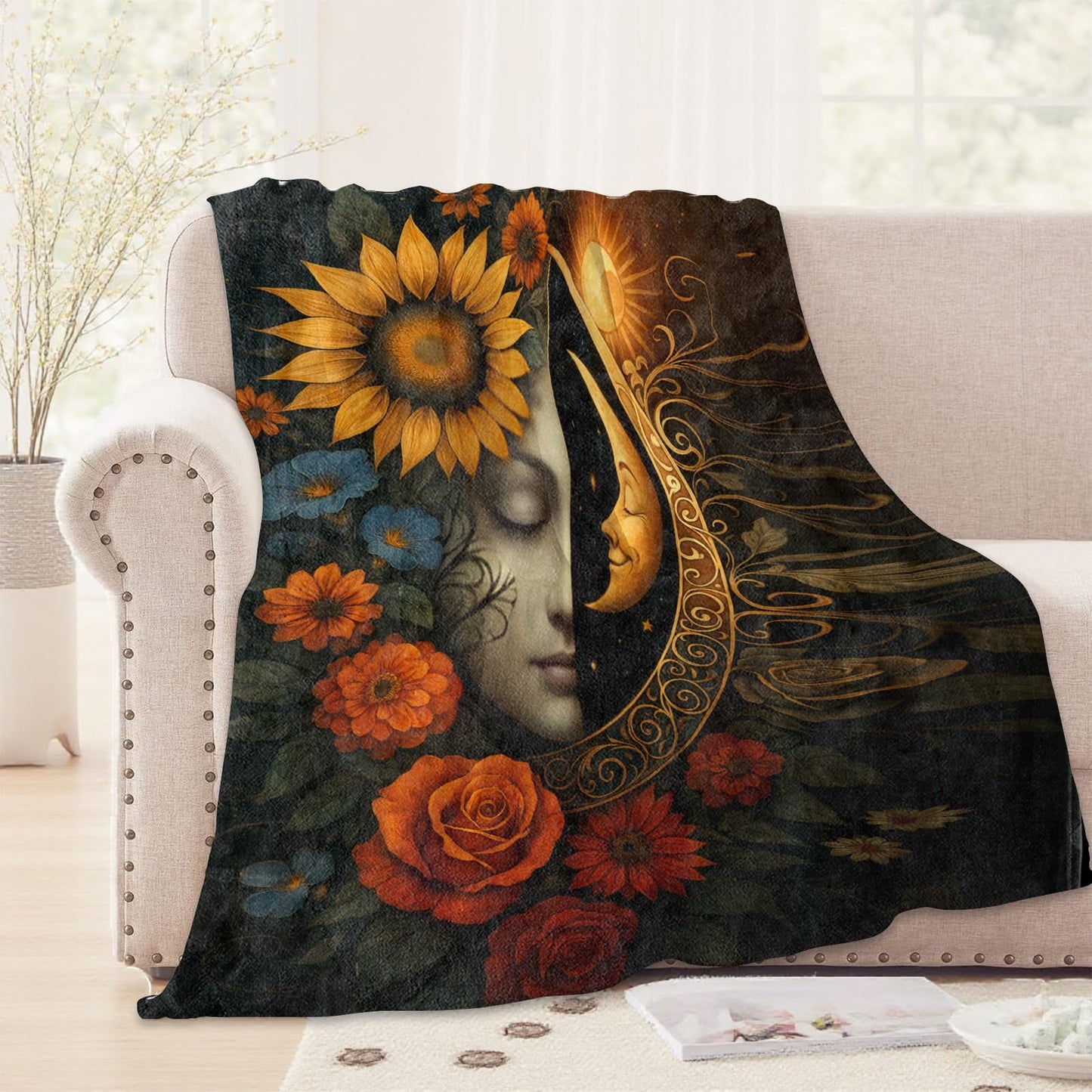 WKEDIN Celestial Moon and Sunflower Blanket,50x60in,Cozy Flannel Throw with Boho Face Floral DNight Sky Design,Soft Lightweight Gifts Blankets for Women,Sofa Bed Travel Camping Astrology Boho Decor