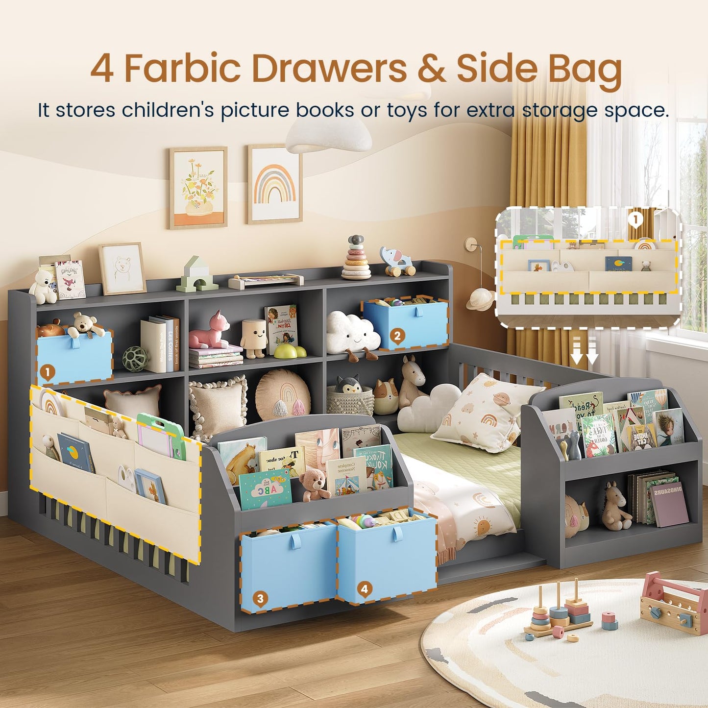 AOGLLATI Full Size Floor Wooden Montessori Bed Frame for Kids Boys Girls with 4 Fabric Drawers, Both Sides Bookshelves, 2-Tier Side Shelf, Side Pockets and Rails, Without Slats, Grey
