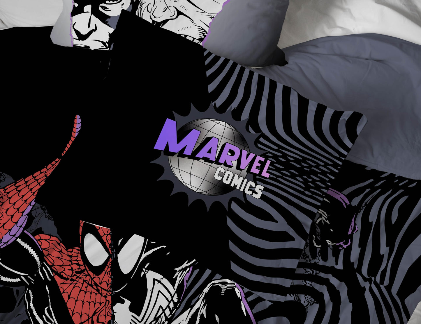 Jay Franco Kids Comforter Set Includes Sheets and Pillow Covers - Soft and Cozy Bed Set for Stylish Room Decor, Black - Marvel Comics, 7 Piece Full Size Bedding