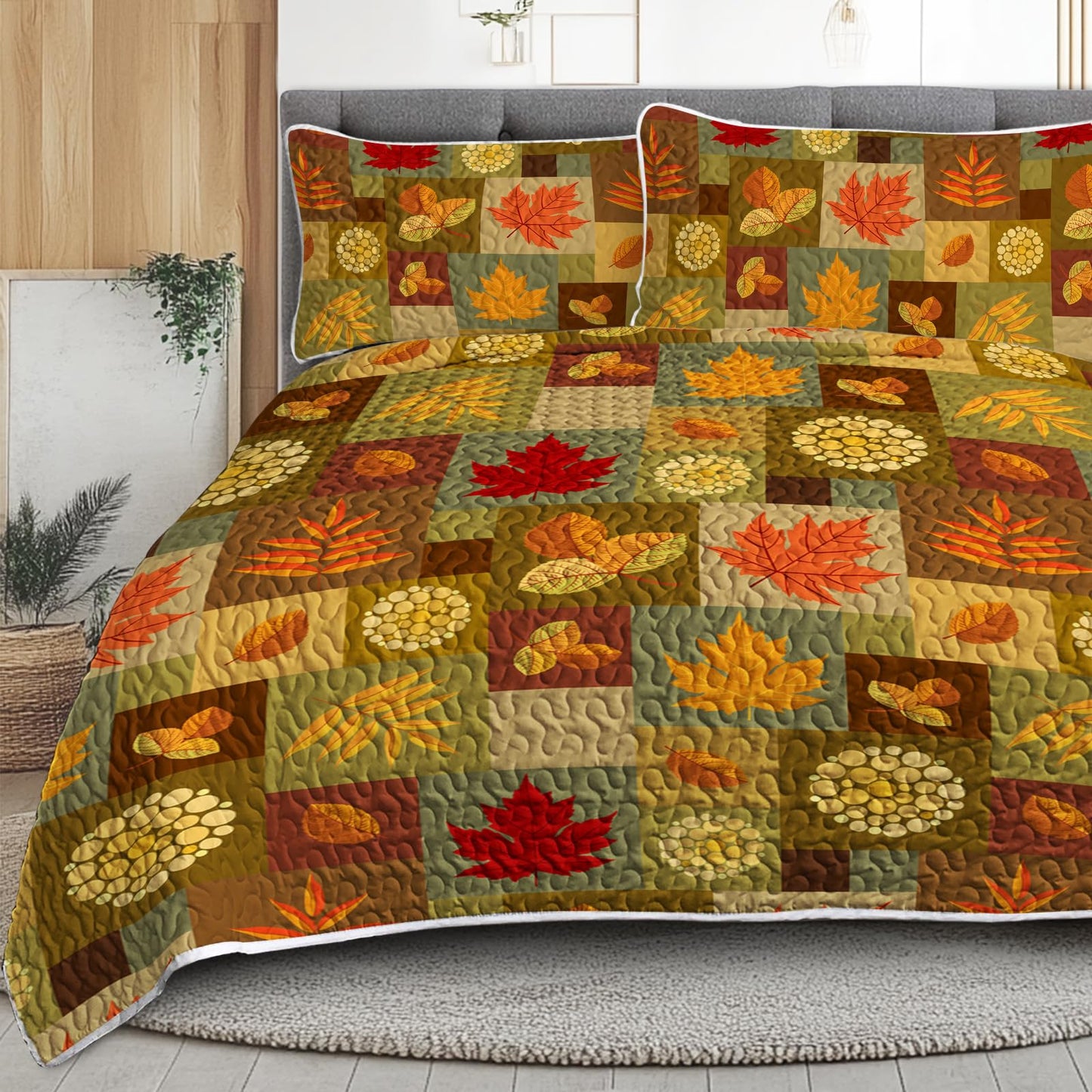 BlessLiving Fall Quilt Set King Size: Ultra-Soft Microfiber Autumn Leaves Pattern Bedspread Coverlet Quilted Bedding Set, 3 Piece Autumn Bed Cover with 2 Pillow Shams for Thanksgiving Bedroom Decor