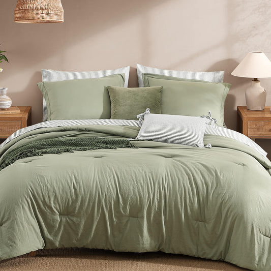 Monbix Queen Comforter Set - 7 Pieces Green Prewashed Bed in a Bag Queen Bedding Sets with Comforters, All Seasons Ultra Soft Comforter Bed Set with Sheets,Pillowcases & Shams