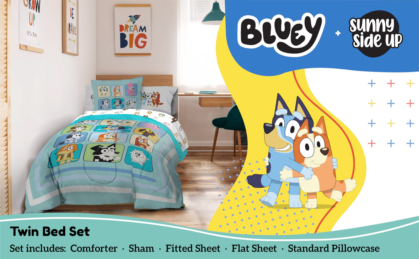 Sunny Side Up Bluey & Friends Twin Comforter Set - 5 Piece Kids Bedding Includes Comforter, Sheets & Pillow Cover - Super Soft Microfiber Bed Set