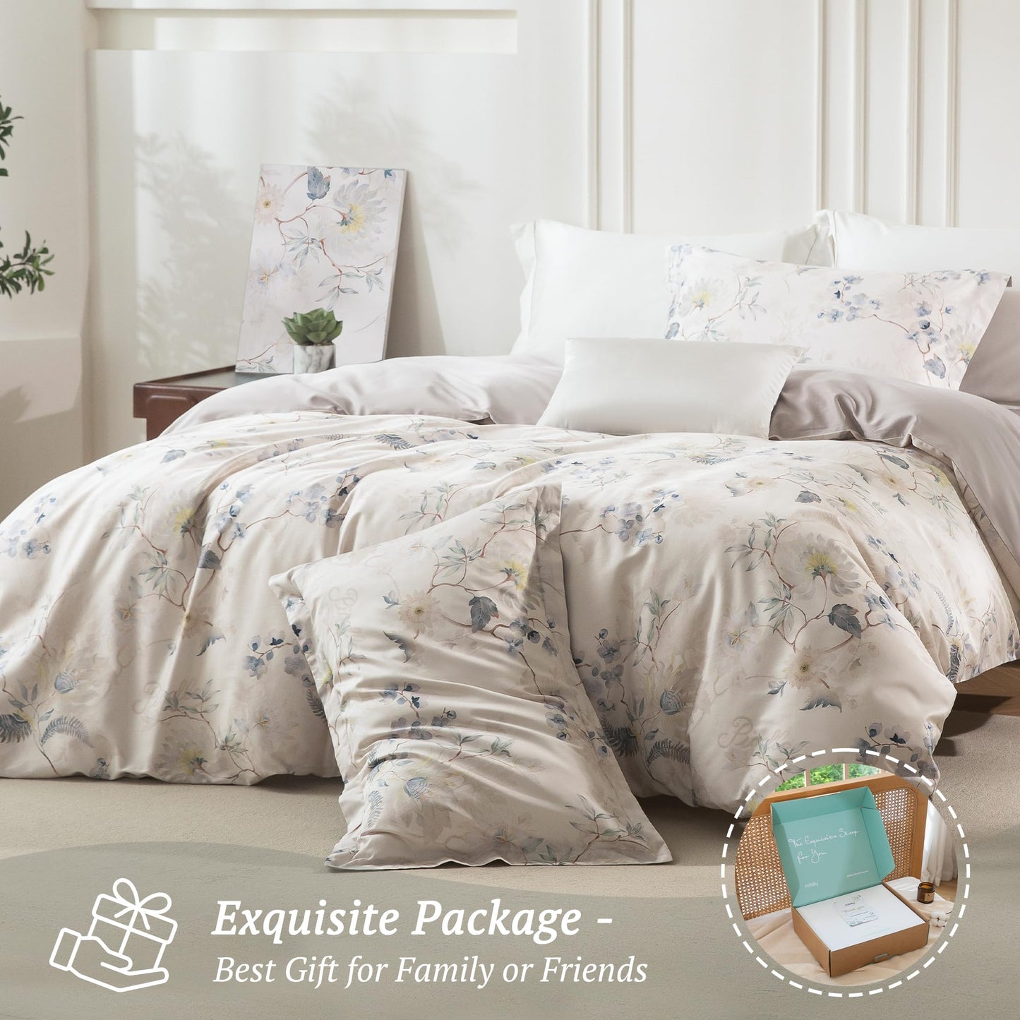 MILDLY Queen Duvet Cover Set - 100% Long-Staple Cotton Elegant Floral Patten Reversible Comforter Cover - 3Pcs Soft Breathable Luxury Bedding for All Season