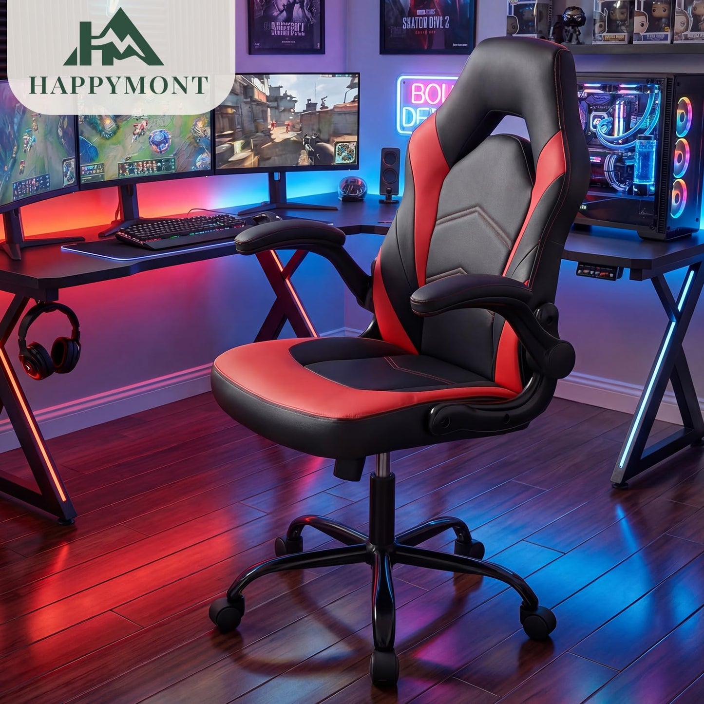 HAPPYMONT Ergonomic Computer Gaming Chair with Flip-up Armrest, Height Adjustable PU Leather Home Office Desk Chair with Lumbar Support Swivel Wheels and for Adults and Kids, Scarlet Red