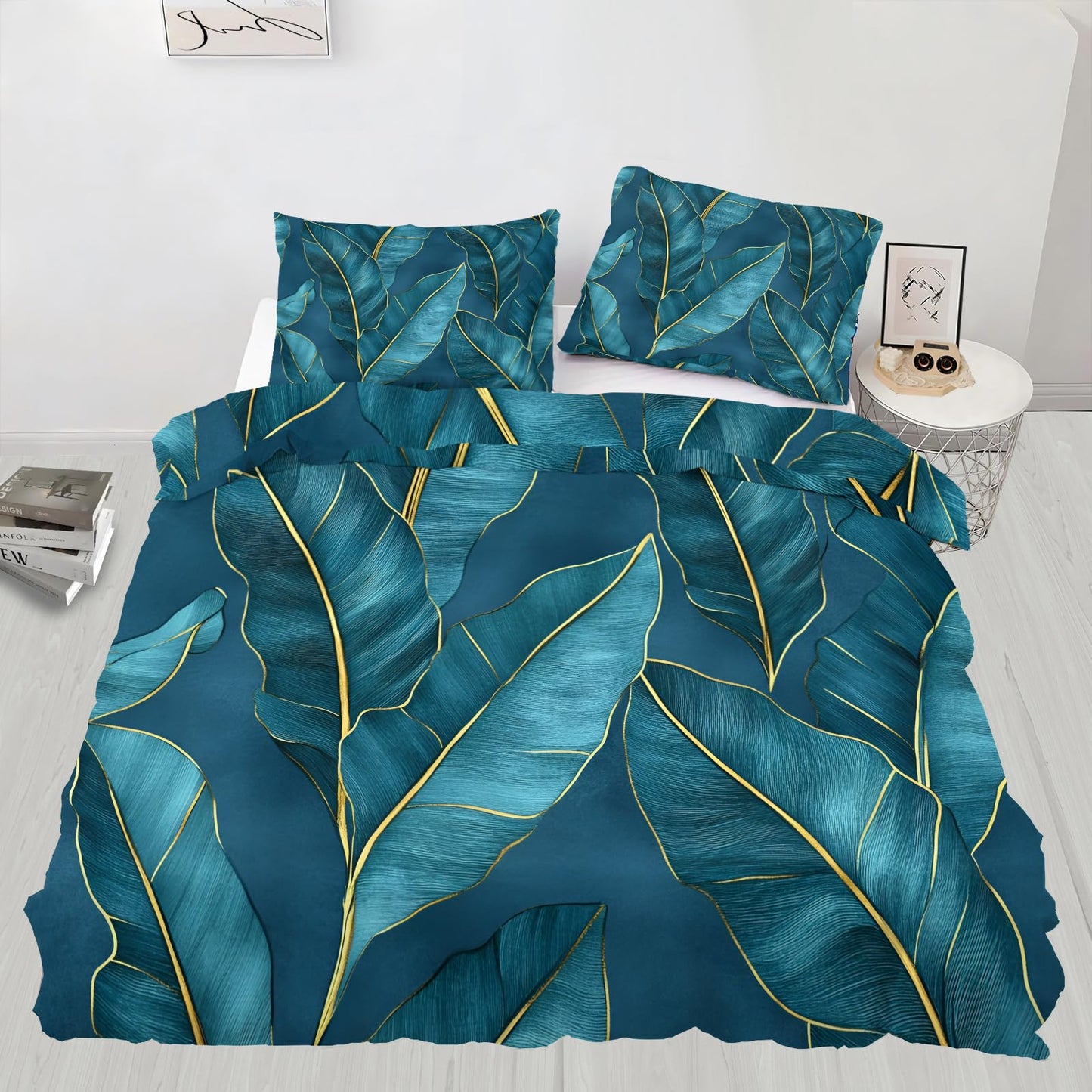 PAISUOQ Tropical Bedding, Blue Leaves Duvet Cover Full, Luxury Botanicals Comforter Cover with Zipper Ties, 3 Pieces with 2 Pillowcases, Home Decor & Gifts