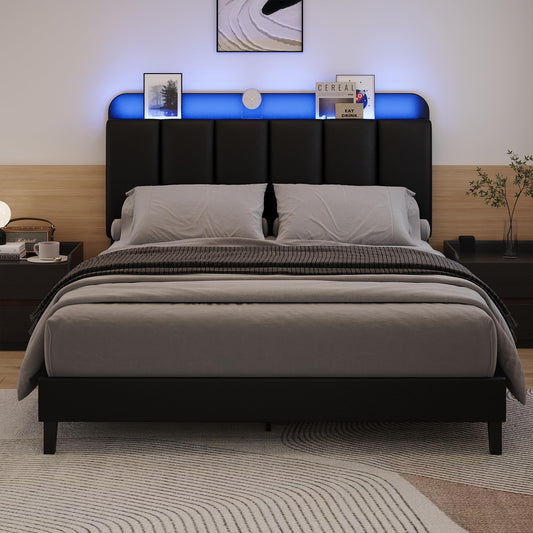 BarnFurin Full Size Bed Frame with LED Lights and Storage Headboard, Morden Bed Frame with Upholstered Headboard, Noise-Free, No Box Spring Needed, Easy Assembly, Black