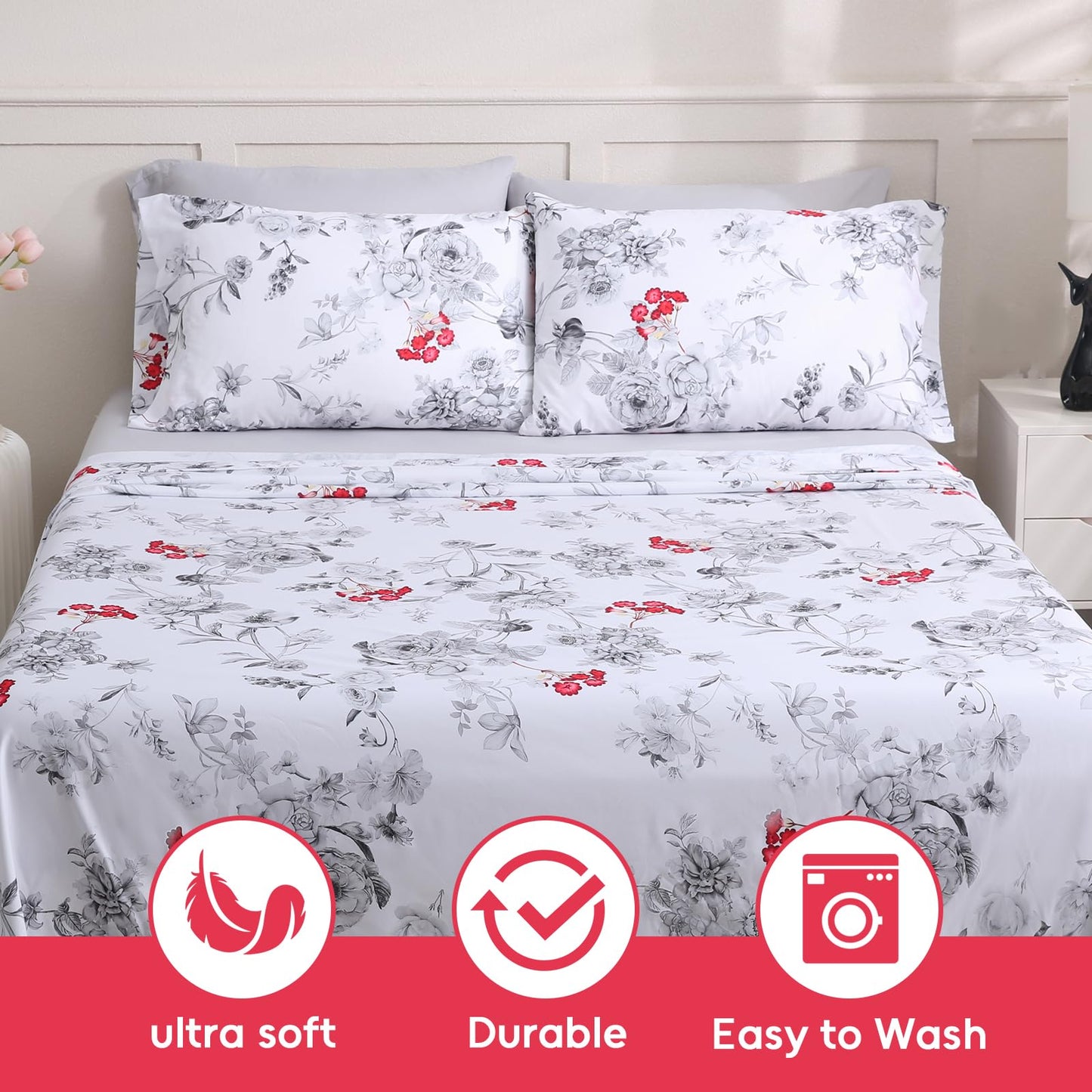 LONAVA Flower Queen Size 6 Pcs Sheet Set, Breathable Microfiber Deep Pocket White Fitted Sheets, Comfy & Breathable Patterned Flat Sheets,4 Gentle Soft Pillowcases, Gothic Rose