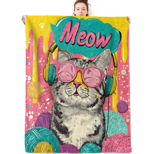olpddz Cool Cat Flannel Blanket Gifts for Pet Lover,60x50inch,Colorful Pop Art Throw Blankets with Headphone,Sunglass,Yarn Ball and Kitten,for Bedroom,Sofa,Living Room,Camping Home Decor Throws