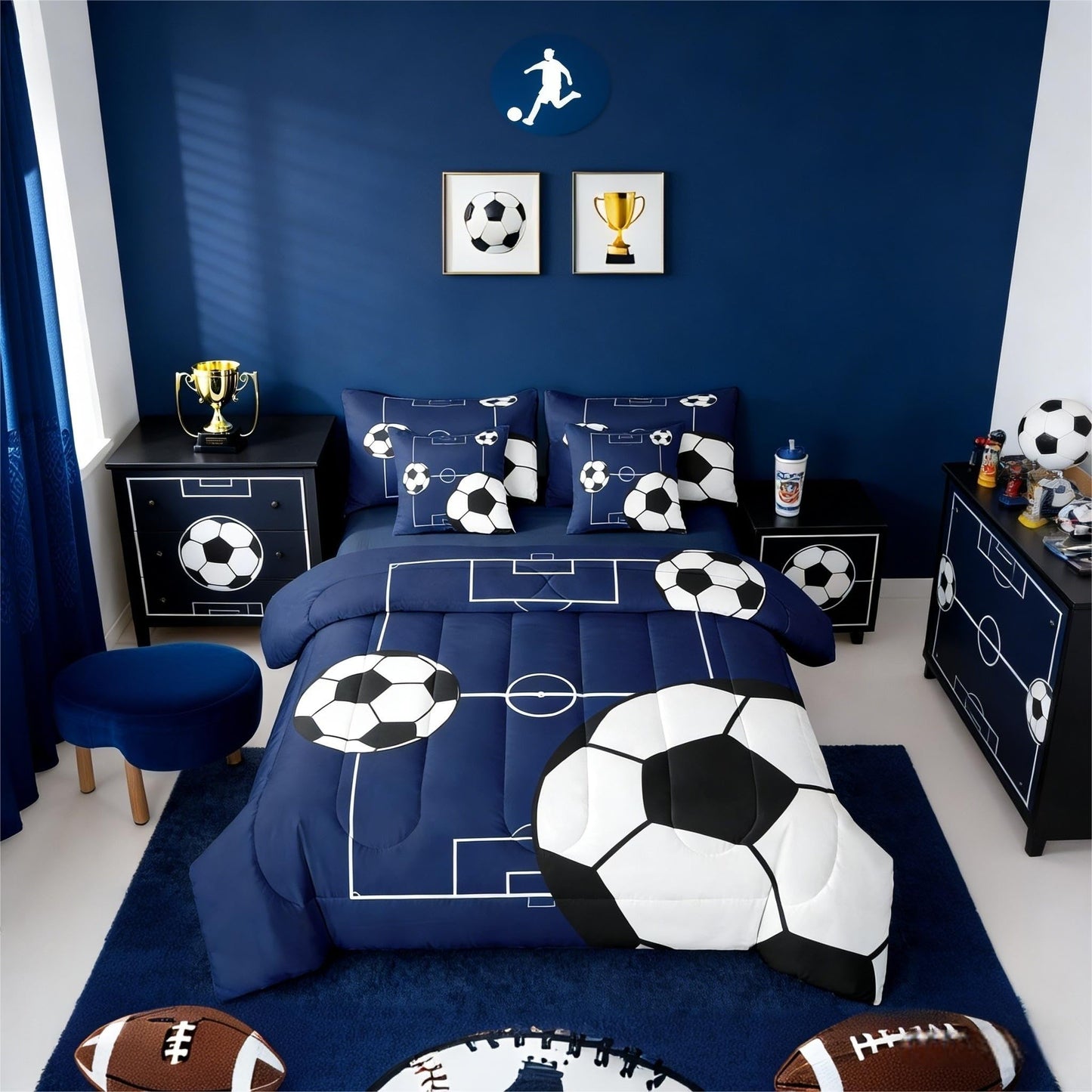 Erosebridal Football Bedding Set Full Size 7 Pieces Boys Sports Theme for Teens Soccer Ball Pattern Bed in a Bag Football Court Comforter Set with Sheets Playground Blue White for Kids Girls