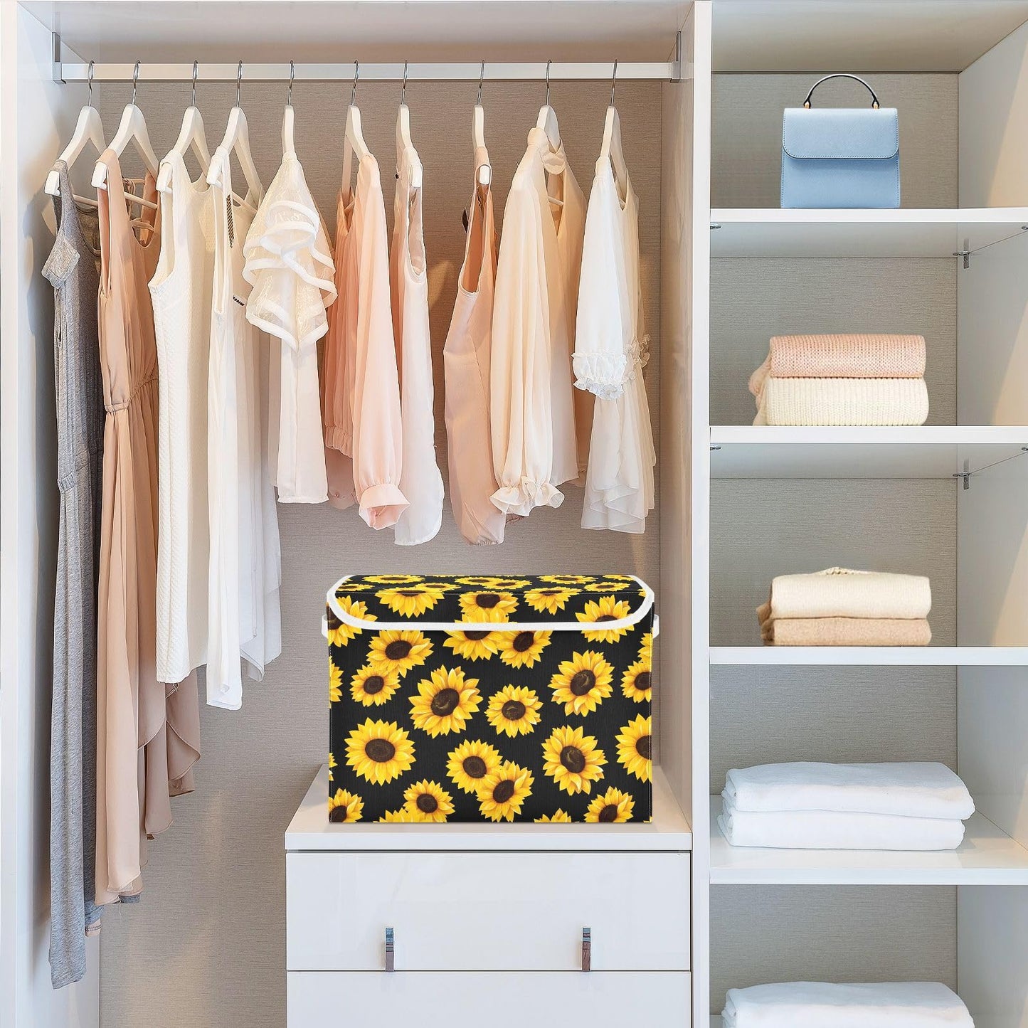 Large Collapsible Storage Bins with Lids, Sunflower Black Storage Baskets Organizer Containers with Handles for Clothes