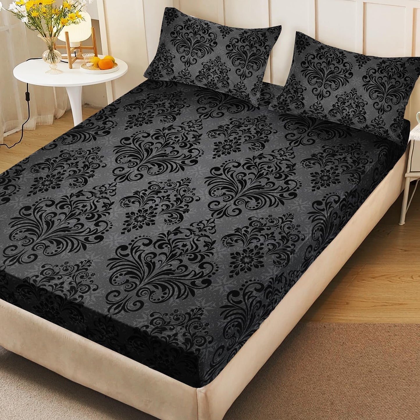 AILONEN Floral Fitted Sheet Set Queen Size, Bohemian Floral Fitted Sheet & 2 Pillowcases,Gothic Black Bedroom Decor Bedding Set 3Pcs for Kids Teens Adults