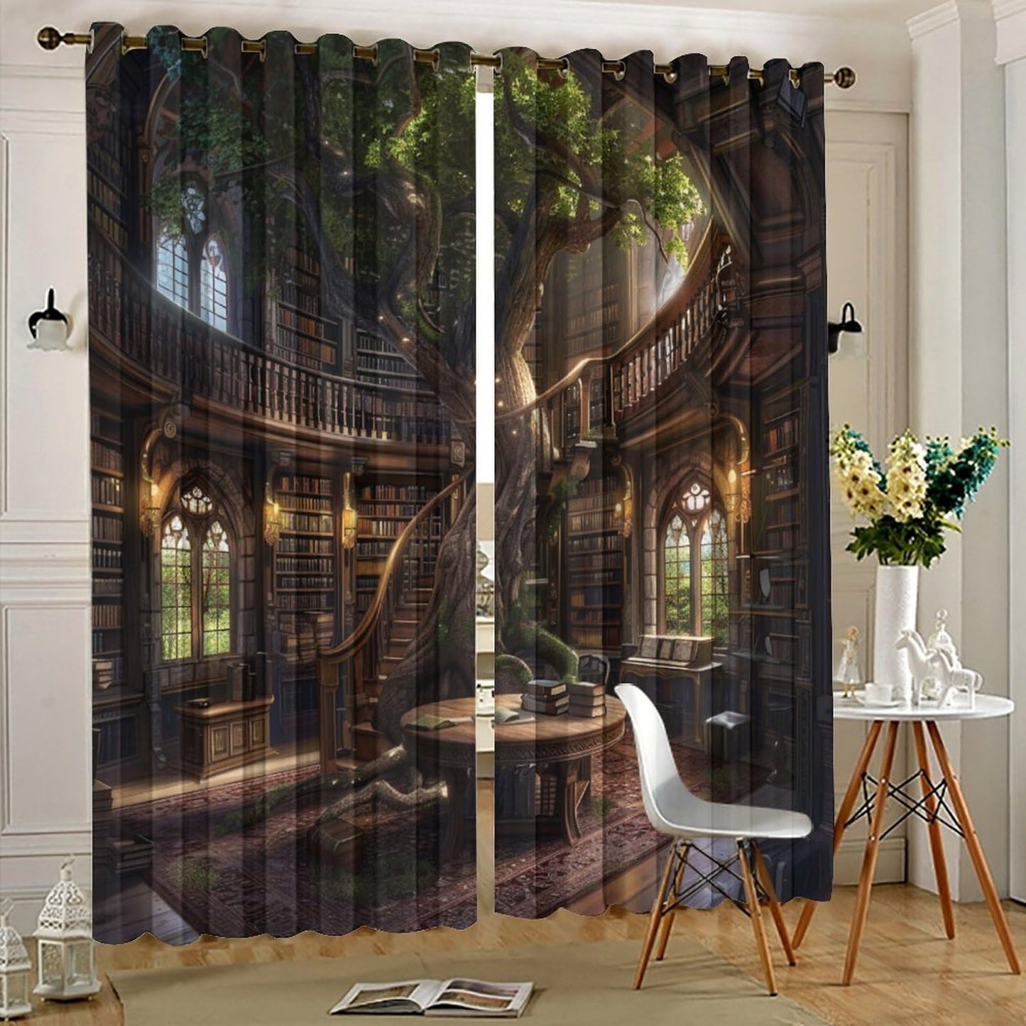 HDESDIS Retro Library Fantasy Grommet Blackout Curtains for Bedroom, Abstract Tree Plant Classic Bookshelf Thermal Insulated Curtains Room Darkening Window Drapes, 21W x 45L, 2 Panels