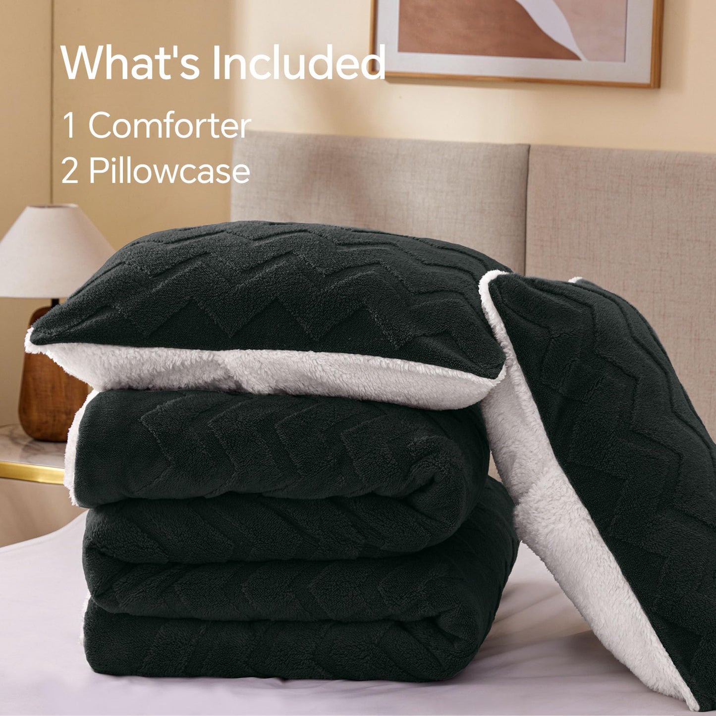 BEDELITE Fluffy Queen Comforter Set - Super Soft Sherpa Black Comforter for Queen Size Bed, Luxury Warm Bedding Set for Winter, Fuzzy Bed Set 3 Pieces (1 Comforter, 2 Pillowcases)