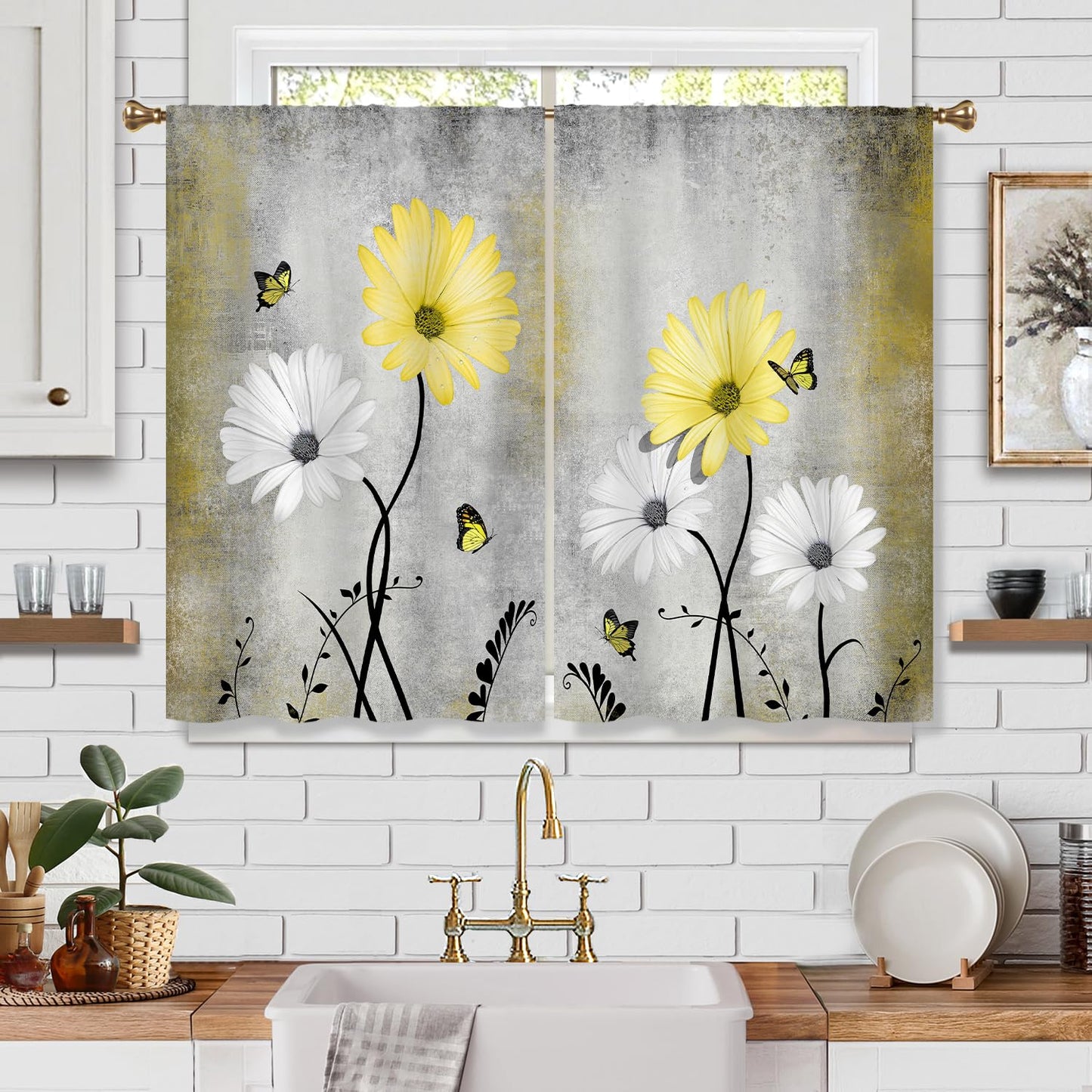 Cizuug Yellow Daisy Rustic Farmhouse Kitchen Curtains Watercolor Floral Flower Small Short Cafe Window Curtains Butterfly Country Bathroom Drapes Treatment Tier Curtains 2 Panels